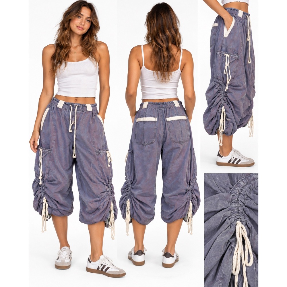 Blue Velvet Cargo Parachute Pants L Purple Ruched Wide Leg Gorpcore Streetwear